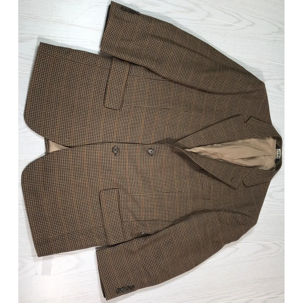 Vintage Jos A Bank Blazer 43R Wool Brown Houndstooth 2 Button Classic Sport Coat
